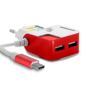 CARREGADOR ULTRA RAPIDO XCELL 3.1A COM 2 ENTRADA USB COM CABO USB TIPO C EMBUTIDO 1M BRANCO/VERMELHO - XC-UR14-BV