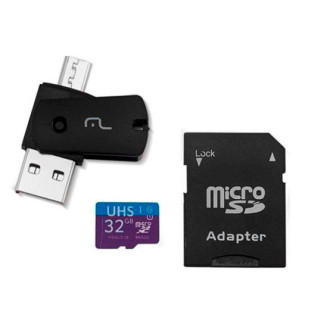KIT 4 EM 1 MULTILASER CARTAO DE MEMORIA + ADAPTADOR USB DUAL DRIVE + ADAPTADOR SD 32GB ATE 80 MB/S DE VELOCIDADE - MC151