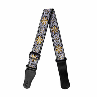 CORREIA PARA GUITARRA/ VIOLAO STAGE LARGURA 5CM ESTAMPA BORDADA 3 CORES (BRANCO COM AMARELO) - GS56