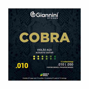 ENCORDOAMENTO PARA VIOLAO AÇO 12 CORDAS GIANNINI COBRA FOSFORO BRONZE GEEF12MF (.010 - .050) - 12753