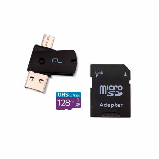 KIT 4 EM 1 MULTILASER CARTAO DE MEMORIA + ADAPTADOR USB DUAL DRIVE + ADAPTADOR SD 128GB ATE 90MB/S DE VELOCIDADE - MC153