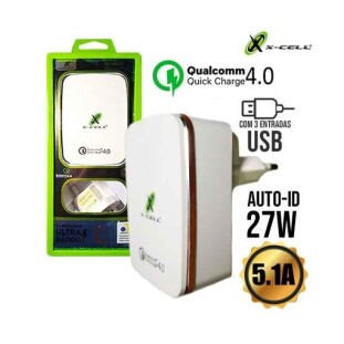 CARREGADOR ULTRA RAPIDO XCELL 5.1A 27W QUICK CHARGE 4.0 COM 3 USB 3.0 BRANCO - XC-UR-21 - FR