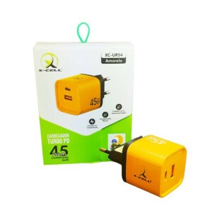 CARREGADOR TOMADA XCELL TURBO PD 45W GAN 9A 1 USB + 1 USB-C AMARELO - XC-UR-54