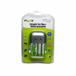 CARREGADOR PARA PILHAS FLEX GOLD AA/ AAA/ 9V COM 4 PILHAS AA 2700MAH BIVOLT - FX-C03/4P
