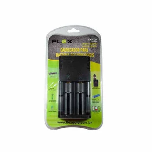 CARREGADOR PARA BATERIAS RECARREGAVEIS LITIO ION FLEX GOLD 26650/ 22650/ 18650/ 18500 - FX-C09