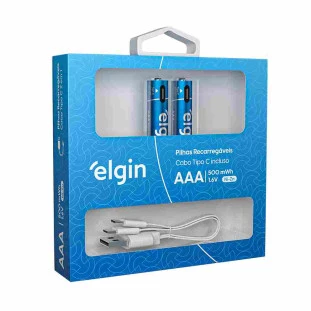PILHA RECARREGAVEL ELGIN 1.6V AAA USB-C 1200MAH C/2 (+ CABO USB-C) - 82428