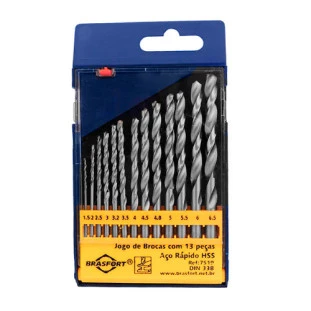 BRASFORT JOGO DE BROCA COM 13 PEÇAS AÇO RAPIDO HSS DIM 338 1,5MM A 6,5MM - 7519 - FR